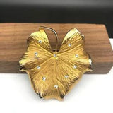 Vintage Coro Lily Pad Brooch, Brushed Gold Tone Botanical Pin Studded w Crystals