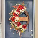Fall wreath with hello sign, rust and beige sunflowers, elegant front door fall decor, indoor wreath