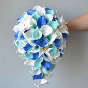 Royal Blue Turquoise Bridal Bouquet, Calla Lily, White Tiger Lily, Real Touch Flower, Beach Wedding Bouquet