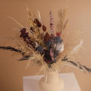 Burgundy eternal roses & black and terra dried flowers boho bridal bouquet / dried wedding bouquet