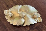 Large Vintage Statement Piece Gold Tone Lily Pad Leaf With Frogs & Turtle Brooch