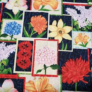 BOTANICAL FLOWER COLLAGE STAMP FRAME COTTON FABRIC 44"W BTY POPPY DAHLIA LILY