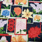 BOTANICAL FLOWER COLLAGE STAMP FRAME COTTON FABRIC 44"W BTY POPPY DAHLIA LILY