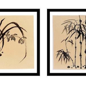 Orchids and bamboo. Ink on rice paper. Japanese art. Chinese art. Sumie. Unframed.