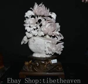 18.8" China Natural Xiu Jade Carving Peony Flower Bird Basket Lucky Statue