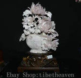 18.8" China Natural Xiu Jade Carving Peony Flower Bird Basket Lucky Statue