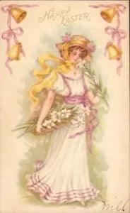 Lovely LADY Holds LILIES On Beautiful Vintage 1908 EASTER Postcard