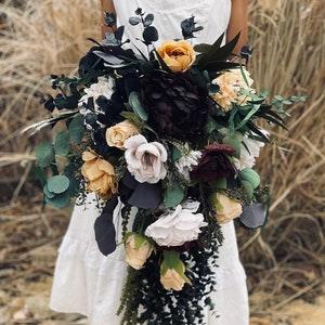 Taupe black cream plum cascading bouquet