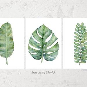 Set of 3 Plant Prints, 5x7 Inch Green Botanical Prints, Gallery Wall Art Set of Watercolor Monstera, Fern, and Banana Leaf Artwork for Walls