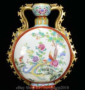 16"Yongzheng Marked China Colour Enamel porcelain Dynasty Peony Flower Bird Vase