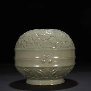8" Antique China Porcelain song dynasty yaozhou kiln cyan glaze peony flower Box