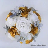 Gold and Silver Wedding  Bouquet, Gold Roses Bouquet, Silver Orchid Bouquet, White Roses Bouquet, Mix Flower Bouquet