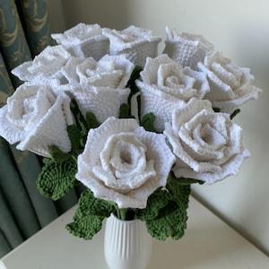 Crochet White Rose Crochet Flower Knitting White Rose with Leaves Crochet Rose Bouquet Blossom Gift for Mother Girlfriends Women