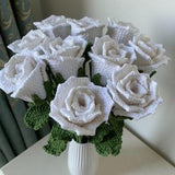 Crochet White Rose Crochet Flower Knitting White Rose with Leaves Crochet Rose Bouquet Blossom Gift for Mother Girlfriends Women