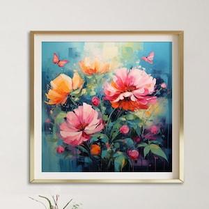 Pink and Orange Peony Flowers Painting | | Colorful Floral Art|  Bouquet Canvas Print | Blue Painting with Flowers | Blue Wall Decor