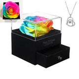 RAINBOW Preserved Rose In Gift Box With Sterling Silver Necklace Valentine's Day