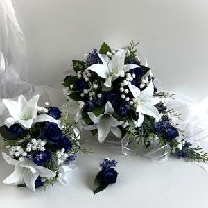 Wedding Bouquet Latex White Lily Navy Blue Rose Weddings Bouquets Teardrop Flowers White Gyp Blue Wax Flowers Bridesmaids Bouquet Buttonhole