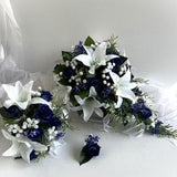 Wedding Bouquet Latex White Lily Navy Blue Rose Weddings Bouquets Teardrop Flowers White Gyp Blue Wax Flowers Bridesmaids Bouquet Buttonhole