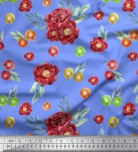 Soimoi Blue Cotton Poplin Fabric Fruits & Peony Floral Decor Fabric-NmD