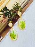 Green Lily Leaf Dry Flower Amber Clear Oval Retro Drop Clip Earrings Women Her