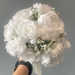 White Rose and Peony Bridal Faux Bouquet - Artificial Silk Flowers For Wedding Anniversary Birthday | Claire De Fleurs