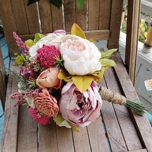 Peach Pink and Mauve Peonies Bouquet - Natural Sola Wood and Silk Flowers
