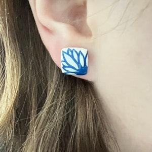Hand-Painted Flower Stud Earrings | Sunflower Floral Blue and White