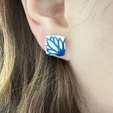 Hand-Painted Flower Stud Earrings | Sunflower Floral Blue and White