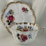 Shelley Stratford Teacup and Scalloped Saucer Duo Decorated with Pink/Peach Rose Bouquet and Delicate Gold Filigree Border