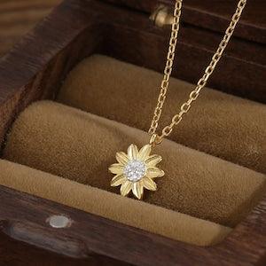 Sterling Silver Tiny Little Sunflower Pendant Necklace, Flower Necklace, Sunflower Necklace, Two Tone Flower Pendant Necklace