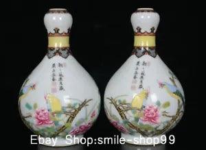 6.7" Qianlong Marked Colour Enamel Porcelain Bird Peony Flower Bottle Vase Pair