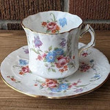 Hammersley & Co Teacup and Saucer, White with Pink and Blue Flower Bouquet, English Bone China, 1950s