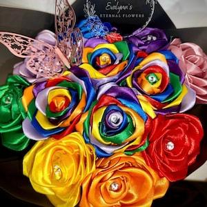 Eternal rose bouquet, multicolored, eternal roses, roses, flowers, satin ribbon, bouquet.