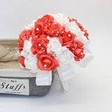 Coral Wedding Bouquet For Bridal Coral Rose Bride Bouquet White Ribbon Pearl Luxury Wedding Flower Coral Bouquet Bridesmaids 10 inches DJ-12