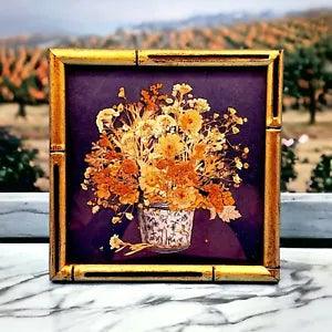 Henrietta Brownie Strong Botanical Floral in a Faux Bamboo Frame Signed 1977 v1