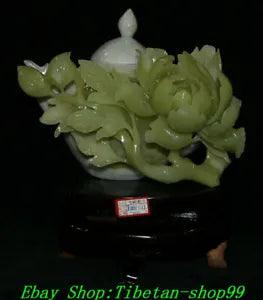 10" Natural Green XIu Jade Carving Peony Flower Flagon wine pot Teakettle