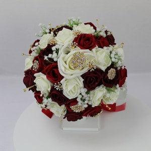 Realistic Artificial Ruby Red, Burgundy & Ivory Gold Brooch wedding bouquet singles