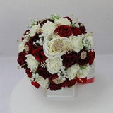 Realistic Artificial Ruby Red, Burgundy & Ivory Gold Brooch wedding bouquet singles