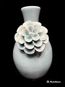 Blue Glazed Ceramic Decorative Only Vase 6" Applied Blue Carnation Flower AS IS