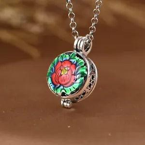 925 Sterling Real Silver Men Women Lucky Enamel Peony Flower Sachet Box Pendant