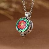 925 Sterling Real Silver Men Women Lucky Enamel Peony Flower Sachet Box Pendant