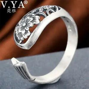V.YA Retro Luxury Style 990 Sterling Silver Peony Flower Themed Adjustable Ring
