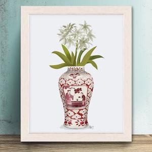 Chinoiserie art, Oriental room decor, Red and white china, Day lily floral art, Botanical wall art, Chinese home prints, Framed wall art