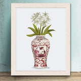 Chinoiserie art, Oriental room decor, Red and white china, Day lily floral art, Botanical wall art, Chinese home prints, Framed wall art