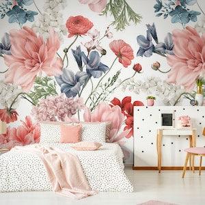 Kids Pink Floral Wallpaper Peel and Stick | Watercolor Peony Flower Wall Mural | Girls Room Pink Flower Bouquet Wallpaper