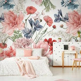 Kids Pink Floral Wallpaper Peel and Stick | Watercolor Peony Flower Wall Mural | Girls Room Pink Flower Bouquet Wallpaper