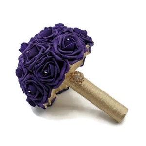 Dark Purple And Gold Bridal Bouquet, Bridesmaid Bouquet, or Toss, Matching Boutonnieres and Corsages Available, Custom Colors Available