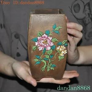 5.6" China Yixing zisha pottery glaze peony Butterfly Potted plants Flower Pot