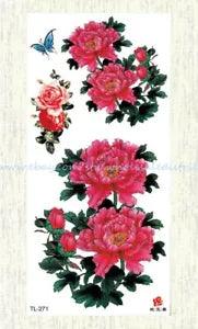 Temporary tattoo sheet with pink peony flowers, roses, green leaves, and a blue butterfly