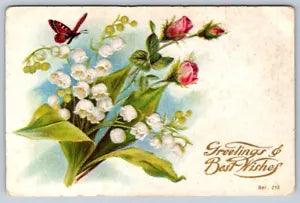 Greetings & Best Wishes, Roses, Lily Of The Valley, Antique 1909 Postcard